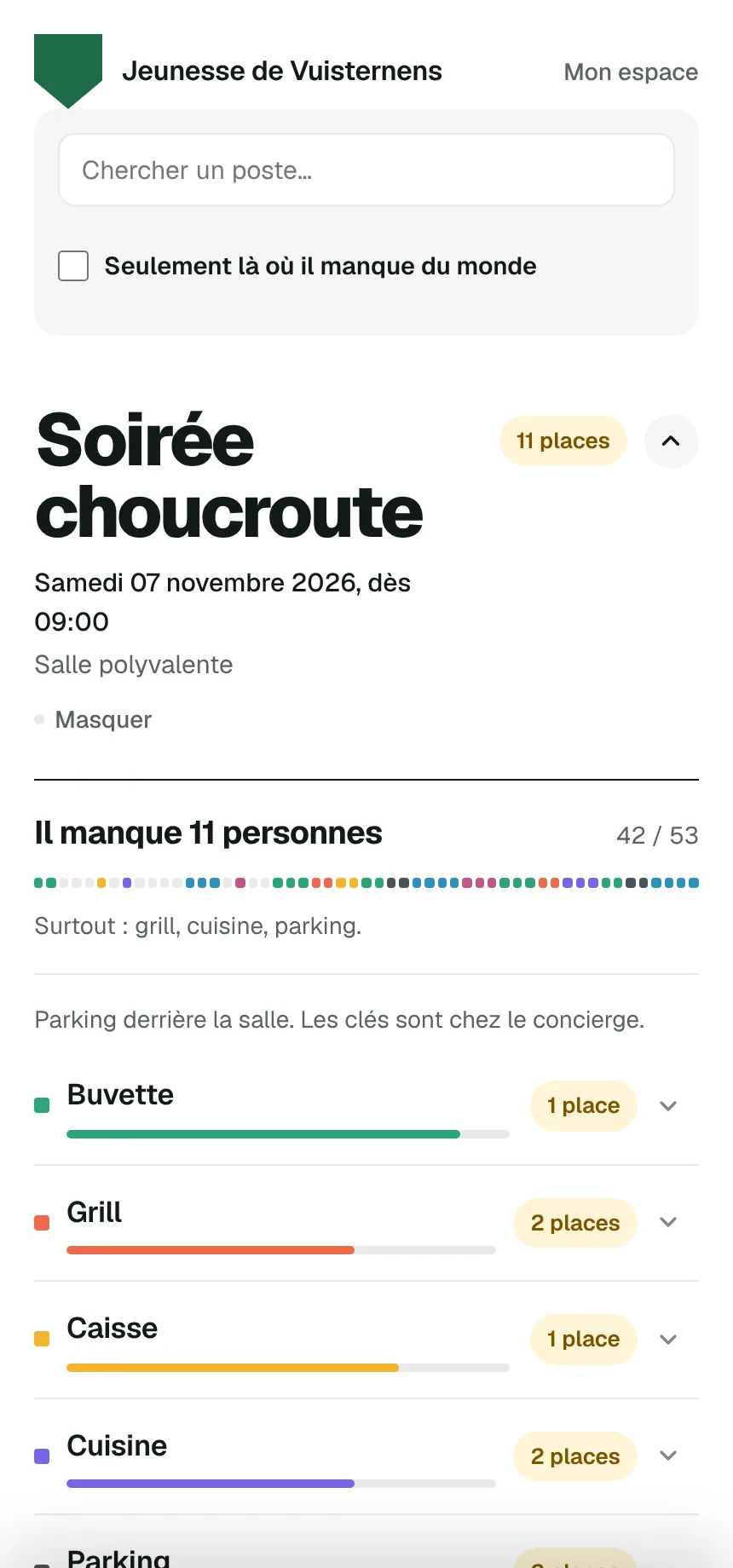 Page des bénévoles : la recherche, « Il manque 11 personnes », et les postes Buvette, Grill, Caisse, Cuisine et Parking avec leurs places libres.