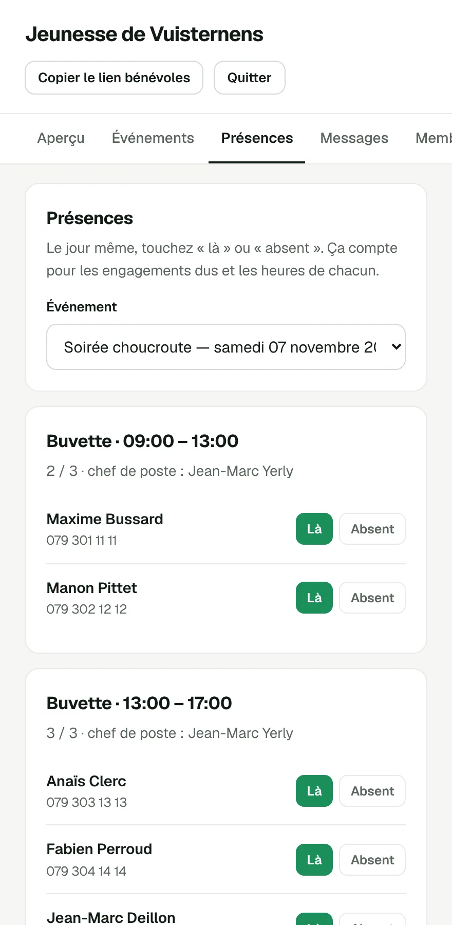 Écran des présences sur téléphone : pour chaque poste et chaque horaire, la liste des bénévoles avec un bouton « là » et un bouton « absent ».